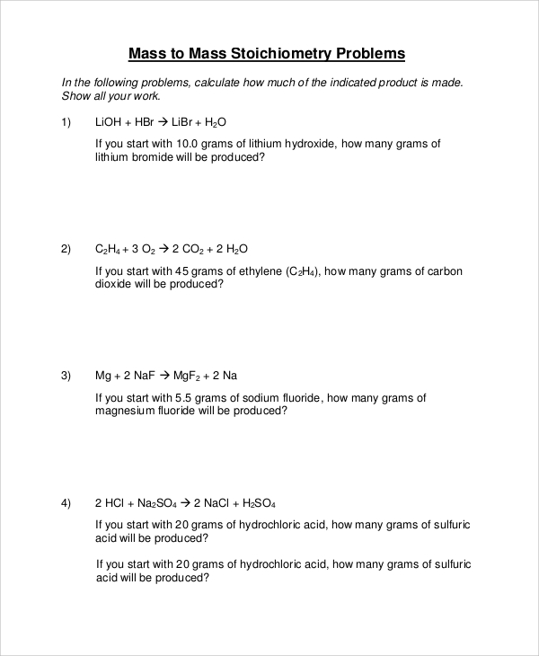 mass to mass stoichiometry worksheet