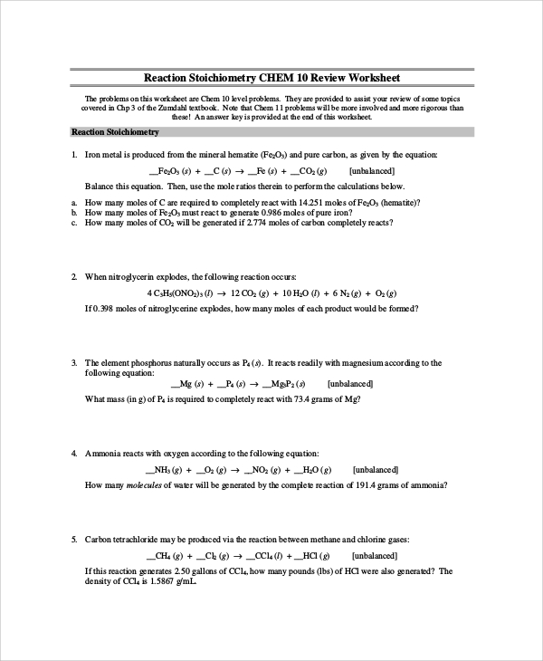 Reaction Stoichiometry Chem 10 Review Worksheet