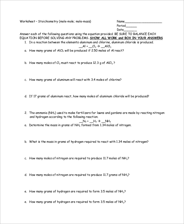 Stoichiometry Mole To Mole Problems Worksheet Answers