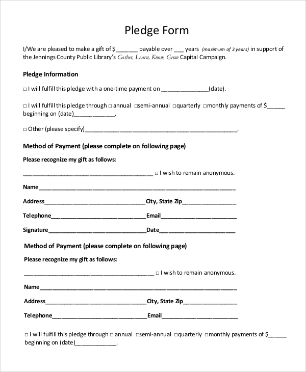 sample pledge form