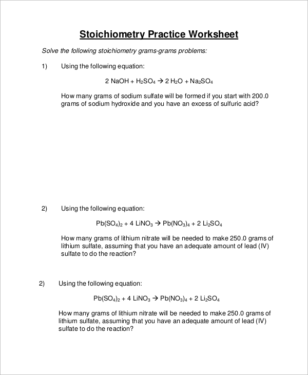 stoichiometry practice worksheet