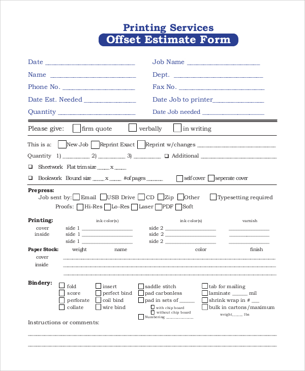 printing services offset estimate form