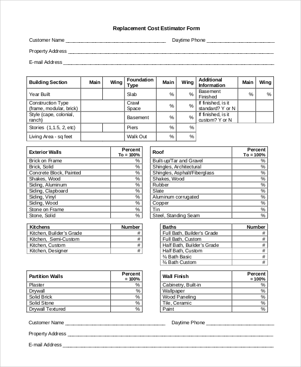 replacement cost estimator form