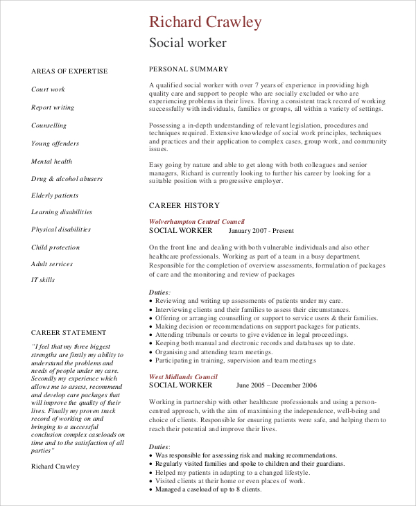social work resume sample