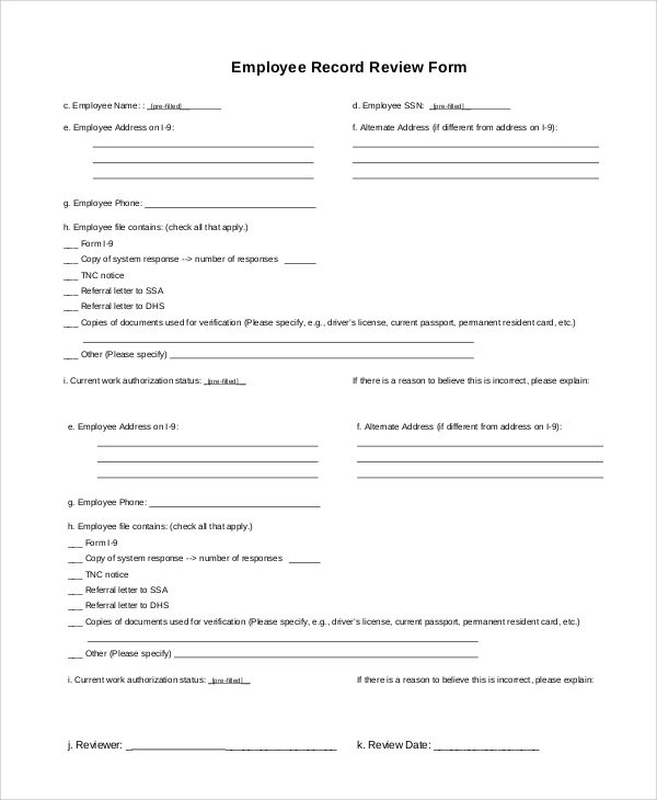 employee record review form