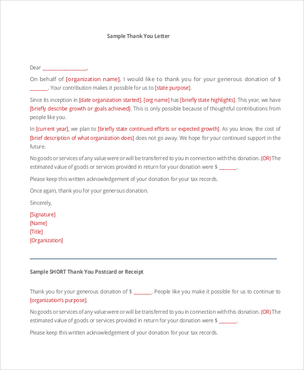 FREE 6+ Sample Thank You Letter For Donation in MS Word PDF