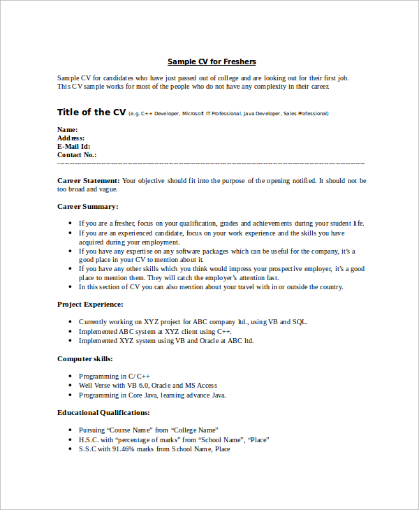 resume format example for freshers