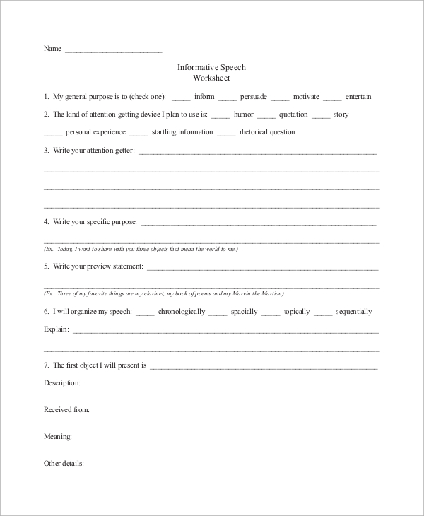 informative speech worksheet