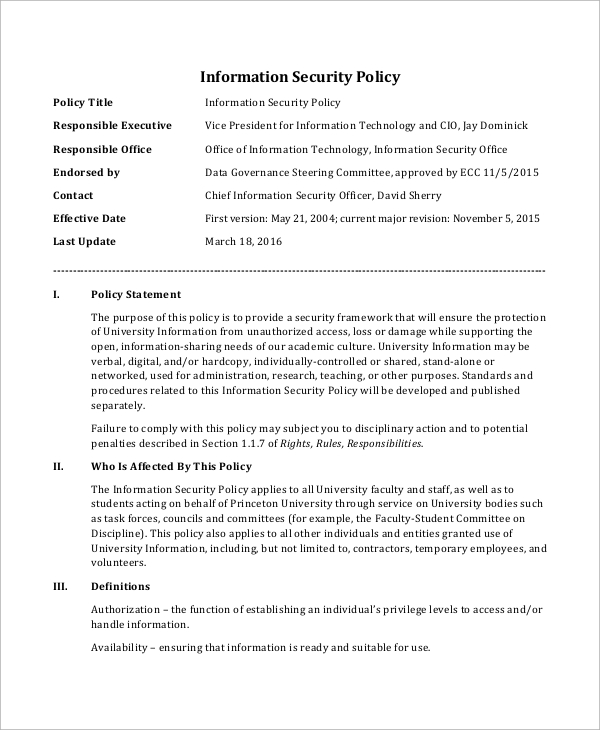 FREE 8+ Security Policy Samples in MS Word PDF