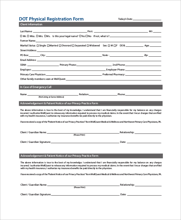 Printable Dot Physical Exam Forms