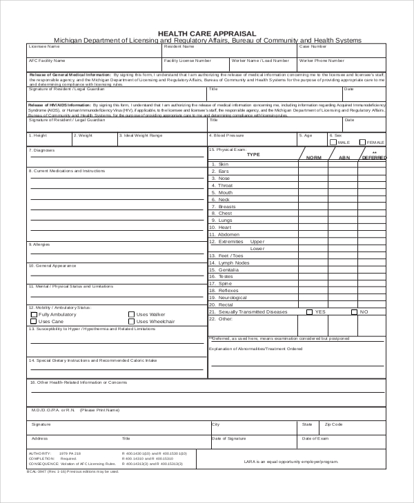 form michigan health appraisal Sample Health Examples   Form  in PDF 6 Appraisal