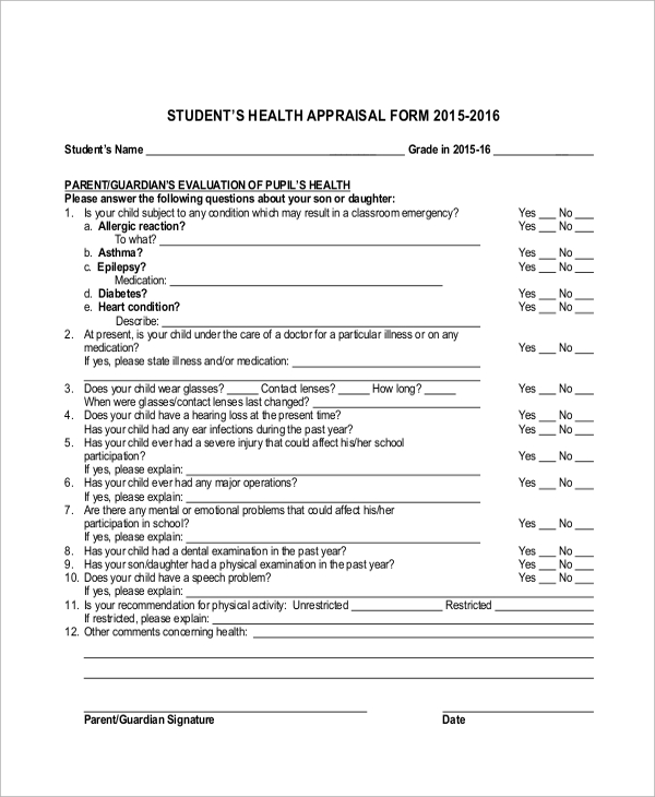 Health Appraisal Form For Students