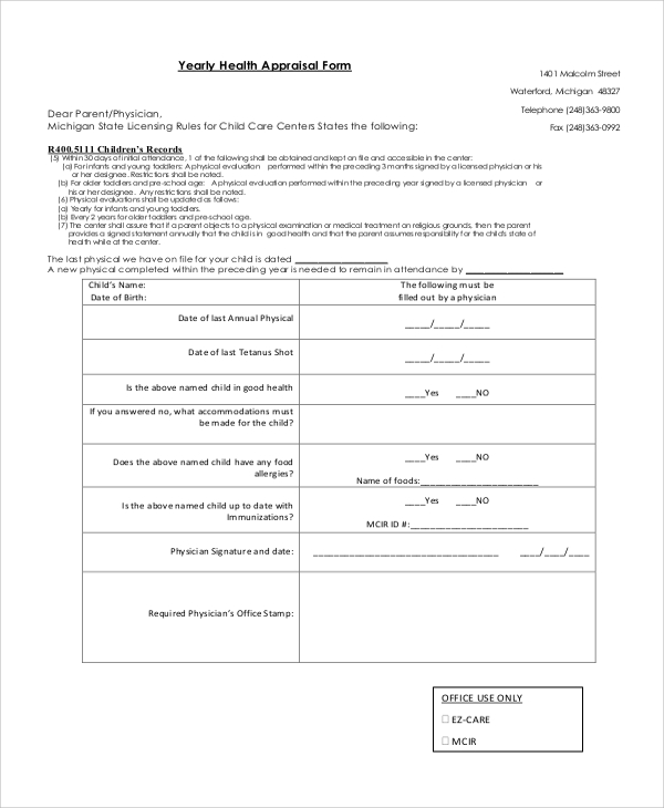 yearly health appraisal form