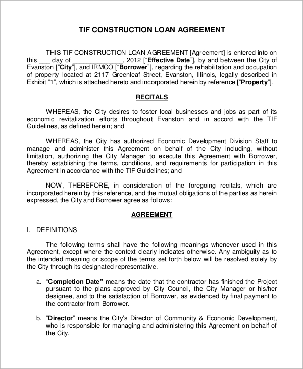 tif construction loan agreement