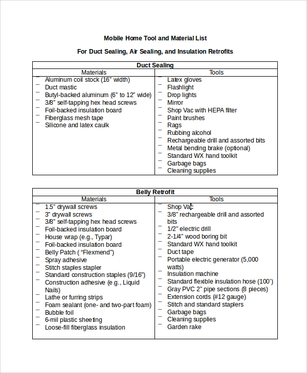 FREE 8 Sample Material  Lists in MS Word PDF 