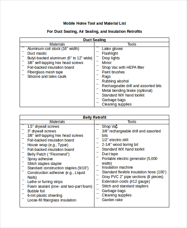 Project Material List Template