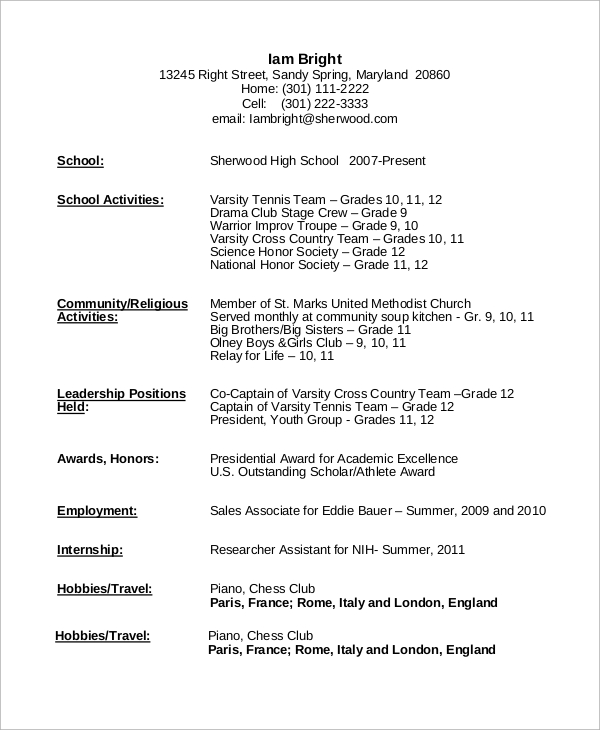 resume example high school student no experience