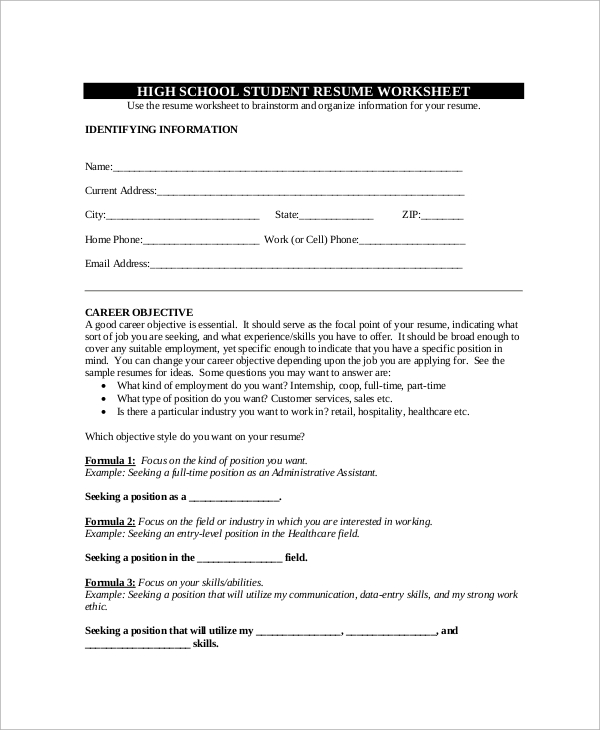 high school resume worksheet example