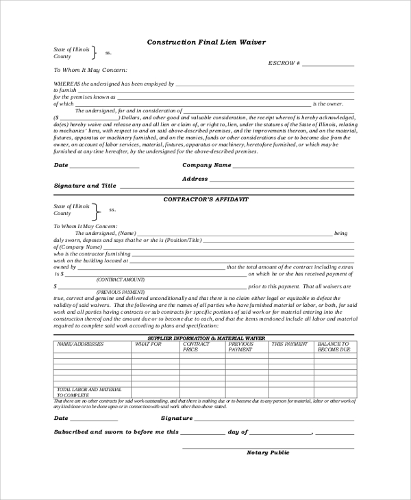 Printable Lien Waiver Form Customize And Print 5039