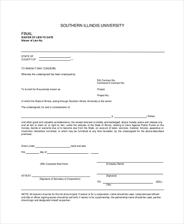 Generic Printable Lien Waiver Form