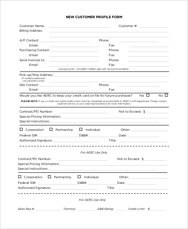 customer profile form sample