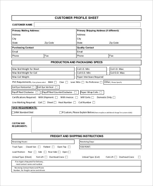 customer profile sheet sample