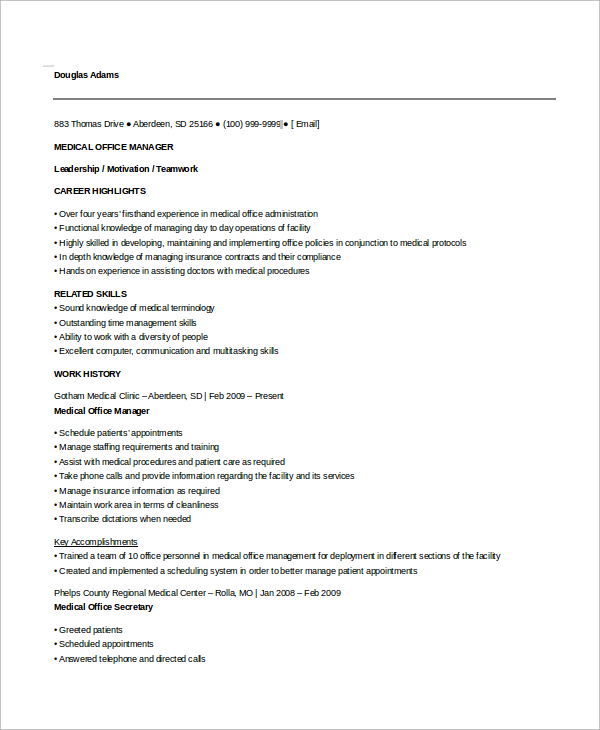 medical office manager resume
