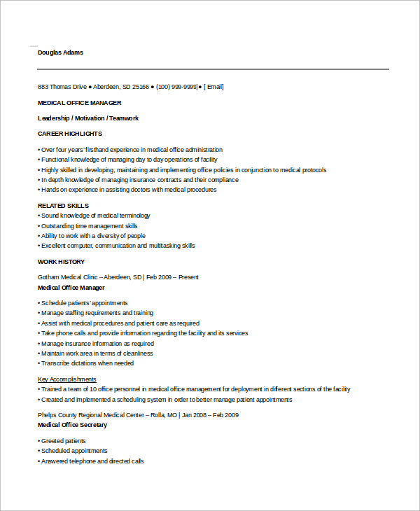 office manager cv sample doc