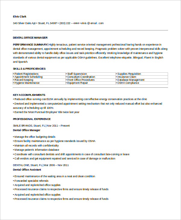 FREE 8 Sample Office Manager Resume Templates In MS Word PDF   Dental Office Manager Resume 