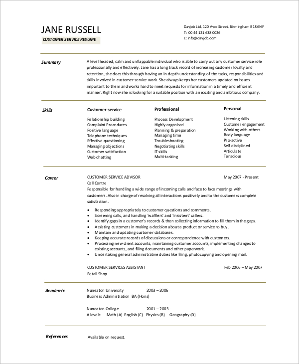 resume example for customer service job