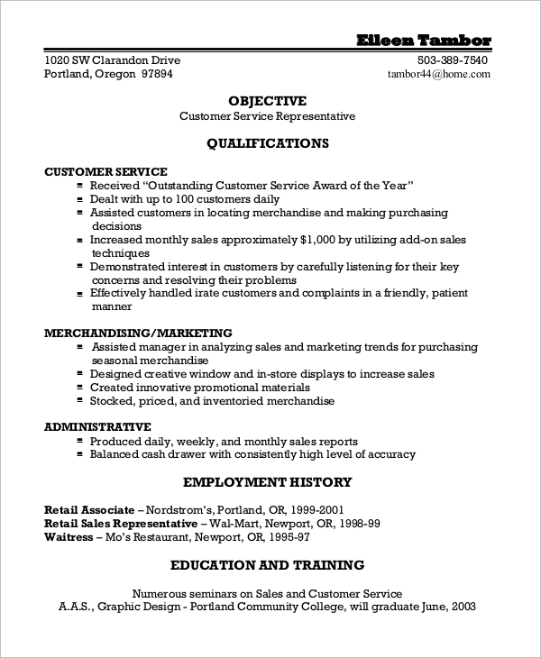 customer service representative resume example