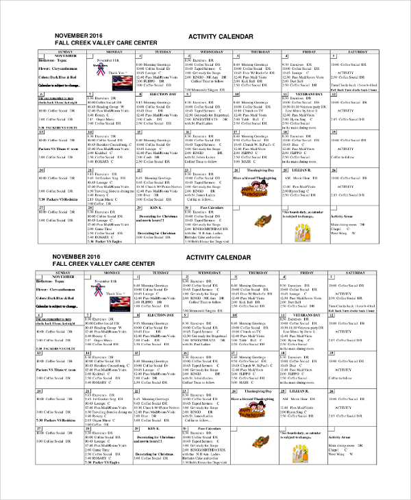 sample activity calendar