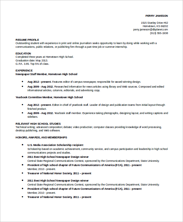 academic resume template high school