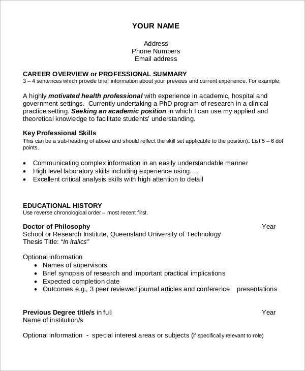 Sample of an academic resume