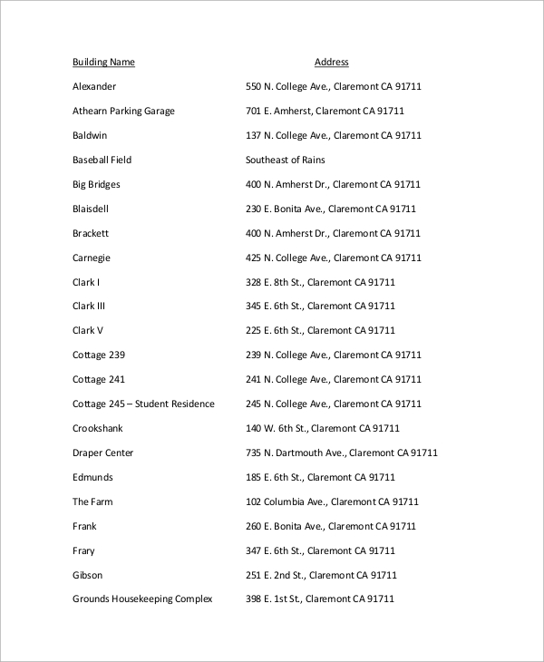 sample building address list 