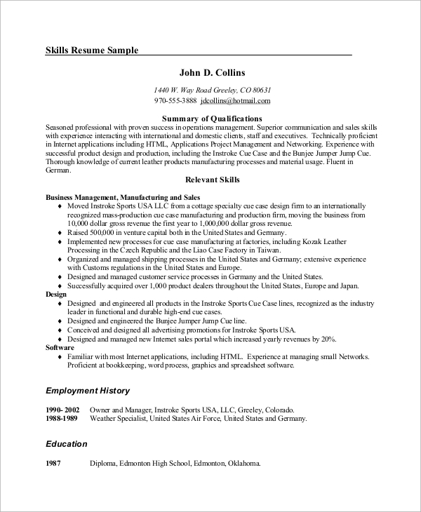 Resume Example Of Skills