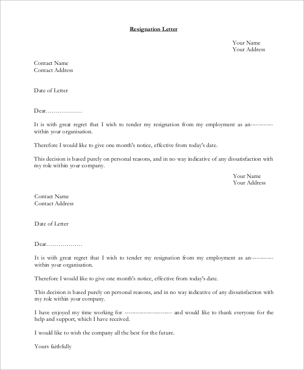 resignation letter sample with reason