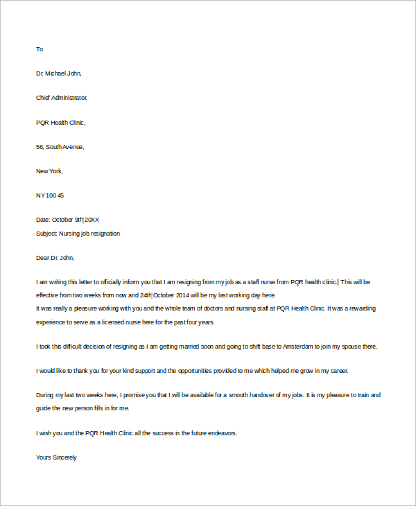sample resignation letter nurse