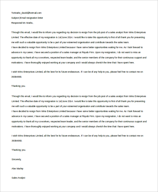 sample resignation letter email