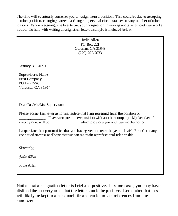 FREE 7+ Sample of Resignation Letter Templates in MS Word ...