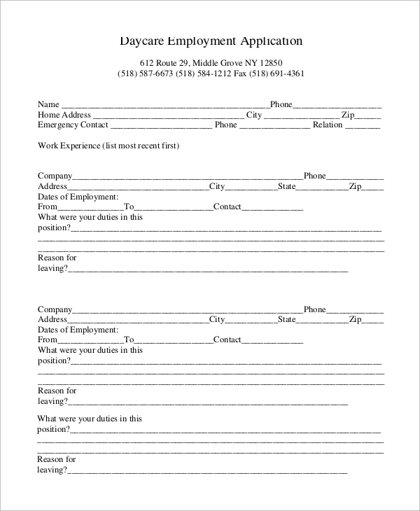 blank daycare employment application
