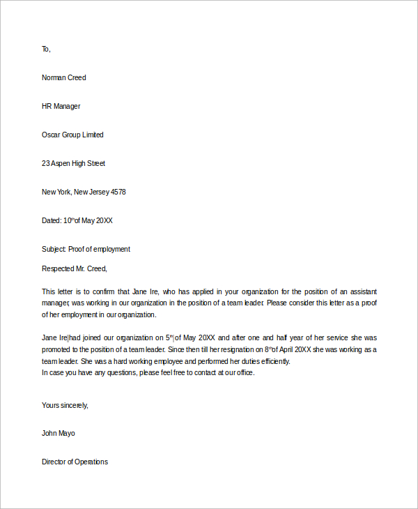 employee proof of employment letter