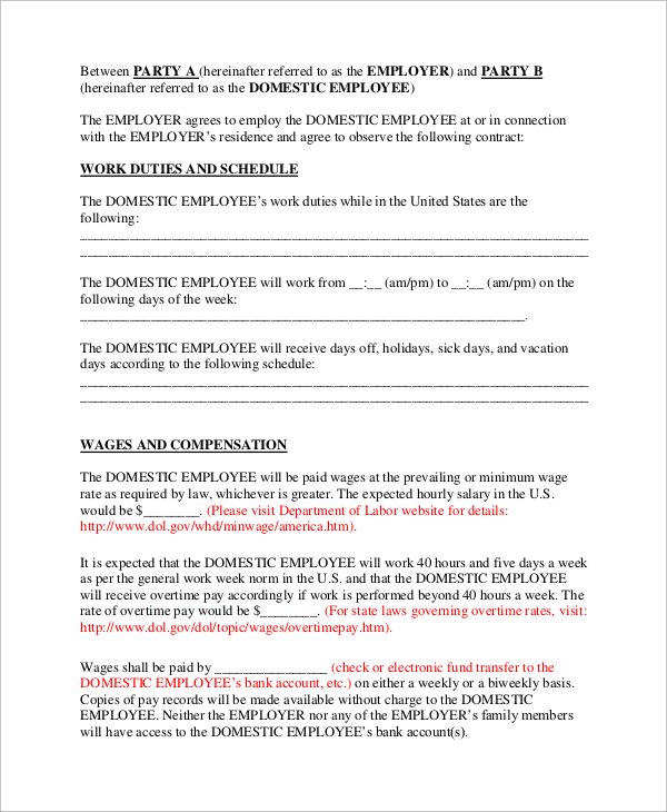 standard employment contract for domestic worker