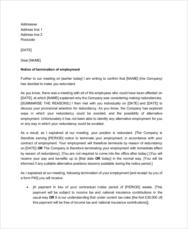 employment redundancy termination letter 