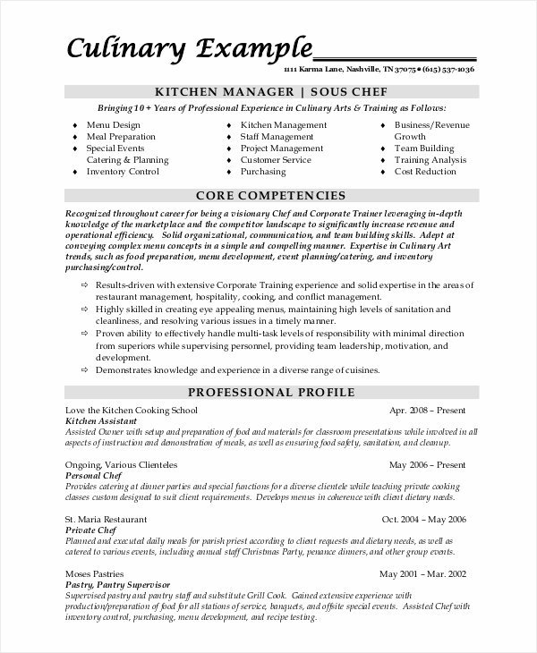 sous chef resume