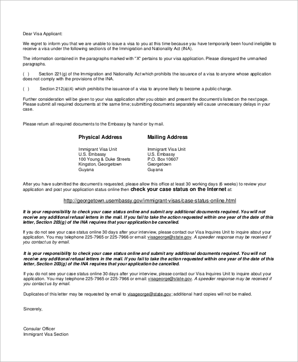 visa refusal letter