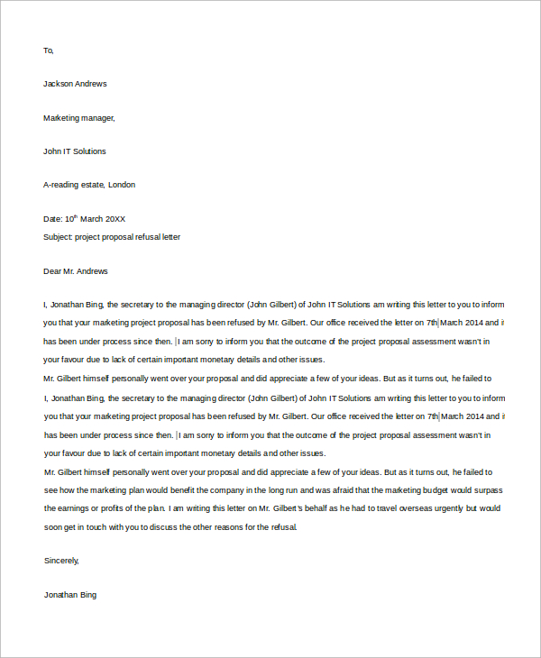 project proposal refusal letter