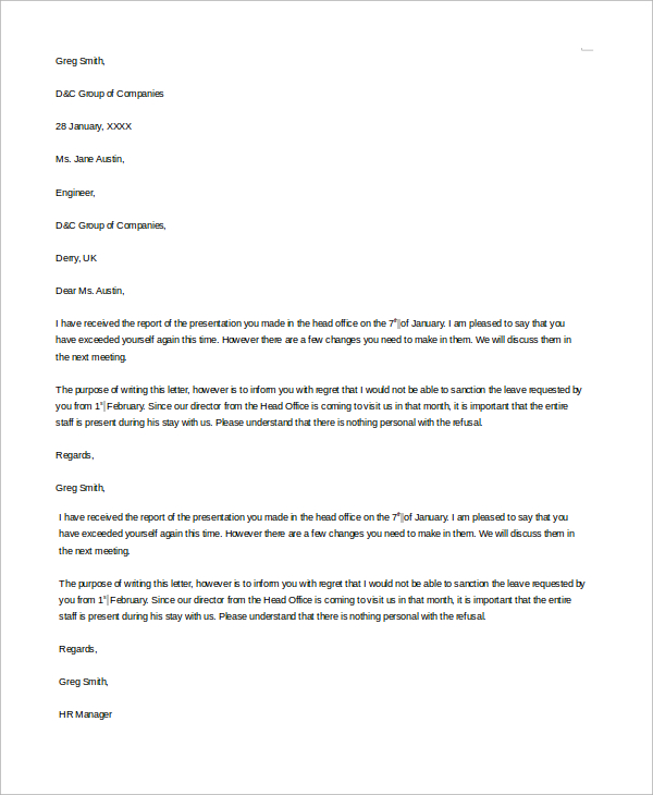 sample letter declining a request