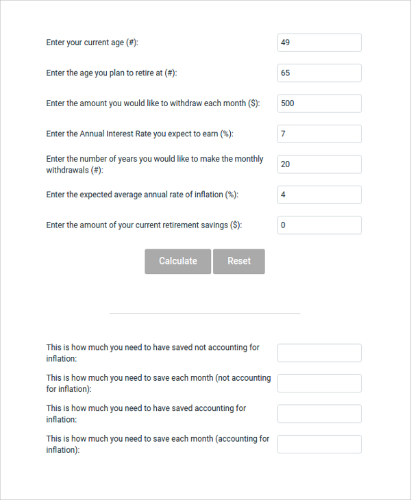 retirement withdrawal calculator sample