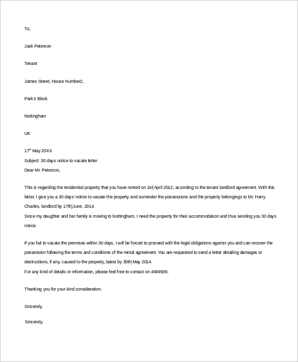 letter days landlord notice template 30 Notice Day to  30 Landlord 7 Templates Samples Sample